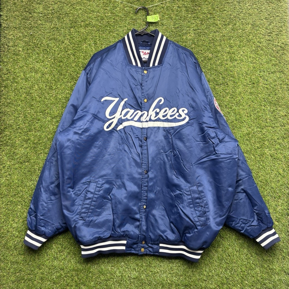 Vintage New York Yankees Satin Jacket Mens 4XL Blue Snap Up Bomber Majestic MLB
